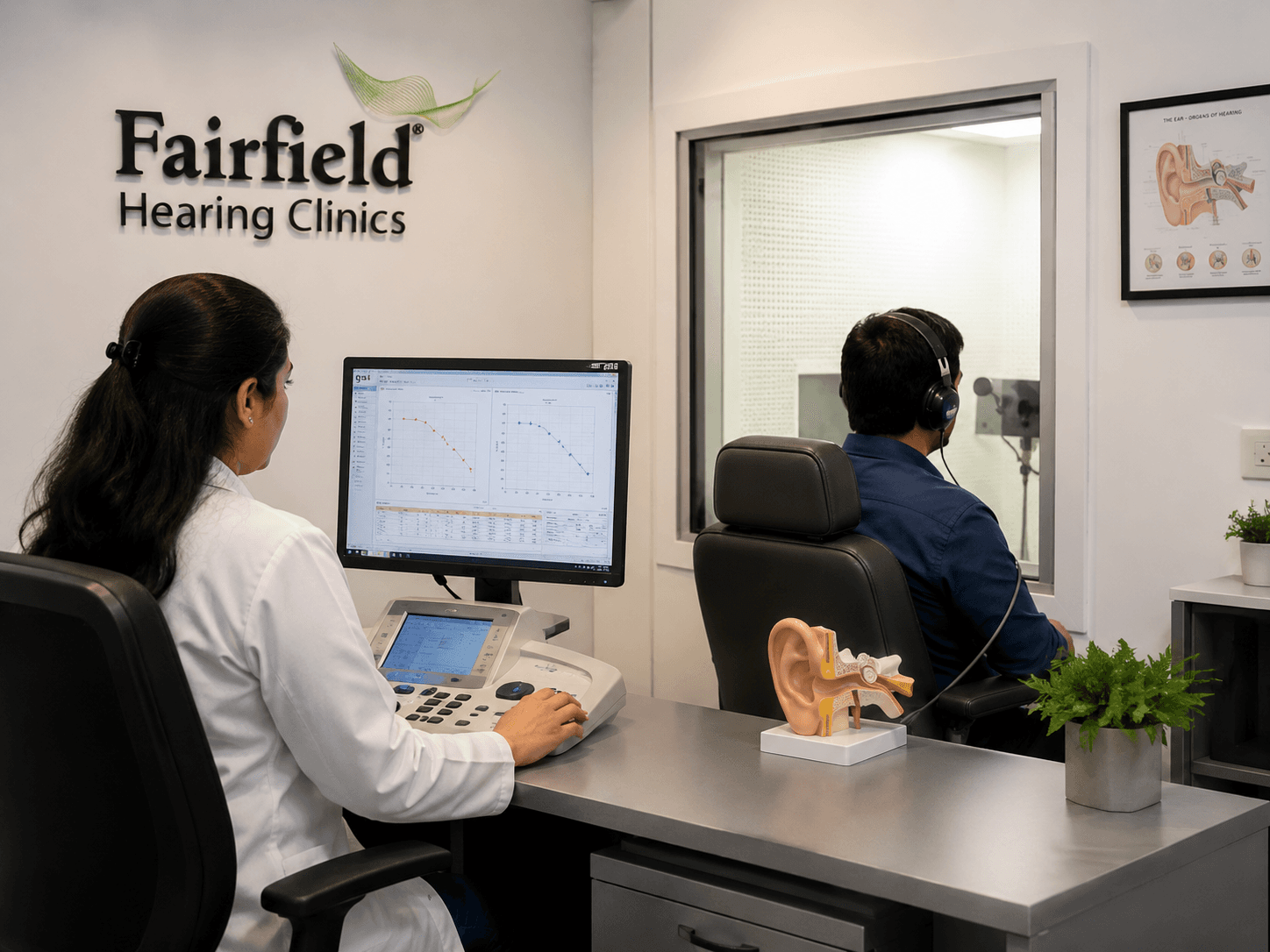 Audiologist conducting a hearing test at Fairfield Hearing Clinics